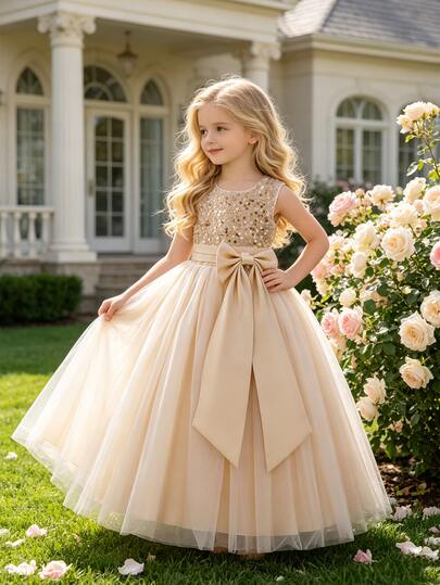 Glamorique Kids Champagne Sequin Dress For Girls, Soft Tulle And Premium Satin With Detachable Bow, Sleeveless Long Gown, Suitable For Children's Birthday Party, Evening Gala, Wedding Flower Girl, High-End Parent-Child Event, Fashion Show, Parent-Child Photography, Holiday Celebration, Graduation Ball And Other Important Occasions, All-Season Wear, Full Skirt Princess Dress