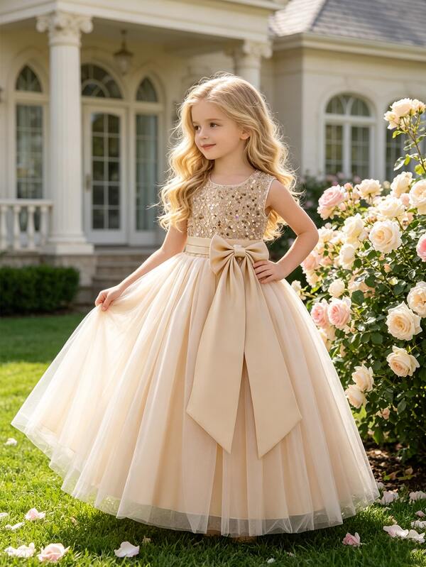 Glamorique Kids Champagne Sequin Dress For Girls, Soft Tulle And Premium Satin With Detachable Bow, Sleeveless Long Gown, Suitable For Children's Birthday Party, Evening Gala, Wedding Flower Girl, High-End Parent-Child Event, Fashion Show, Parent-Child Photography, Holiday Celebration, Graduation Ball And Other Important Occasions, All-Season Wear, Full Skirt Princess Dress