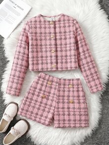 SHEIN 青少年女孩都會時尚長袖格紋夾克與短褲套裝 - 粉色 - 查看 1