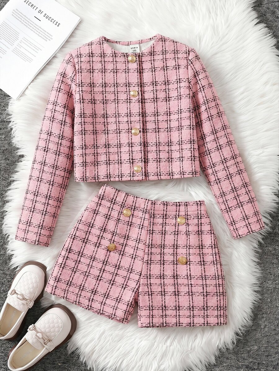 SHEIN 青少年女孩都會時尚長袖格紋夾克與短褲套裝 - 粉色 - 查看 1