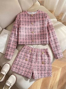 SHEIN 青少年女孩都會時尚長袖格紋夾克與短褲套裝 - 粉色 - 查看 3