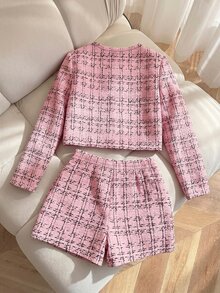 SHEIN 青少年女孩都會時尚長袖格紋夾克與短褲套裝 - 粉色 - 查看 2