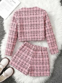 SHEIN 青少年女孩都會時尚長袖格紋夾克與短褲套裝 - 粉色 - 查看 7