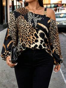 Velvienne Plus Size Asymmetrical Neck Long Sleeve Heart Pattern Print Casual Blouse One Shoulder Top Fall - Brown - View 5