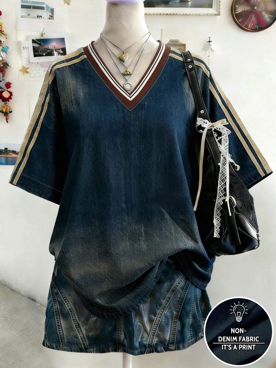 Lalippa 女款V領寬鬆T恤，復古街頭風藍白條紋，條紋印花圖案，夏季出遊校園上衣，休閒百搭，戶外穿搭 - 彩色 - 查看 1