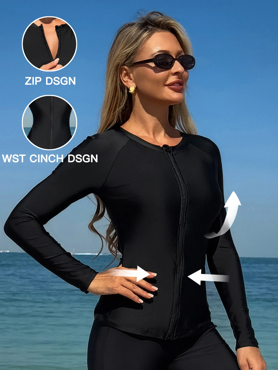 SHEIN Swim Springbreak 新款简约前拉链长袖连体泳衣，纯黑色罩衫，保守修身，东南亚女士布基尼泳衣 - 黑色 - 查看 1