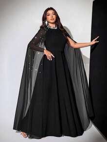 Viva Relle Plus Size Women's Elegant Romantic Luxurious Diamond Decor Chiffon Cape Dress, Autumn/Winter Fall - Black - View 6