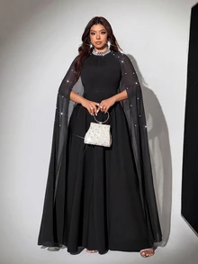 Viva Relle Plus Size Women's Elegant Romantic Luxurious Diamond Decor Chiffon Cape Dress, Autumn/Winter Fall - Black - View 4