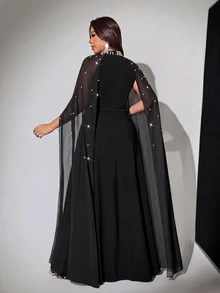 Viva Relle Plus Size Women's Elegant Romantic Luxurious Diamond Decor Chiffon Cape Dress, Autumn/Winter Fall - Black - View 3