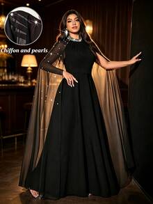 Viva Relle Plus Size Women's Elegant Romantic Luxurious Diamond Decor Chiffon Cape Dress, Autumn/Winter Fall - Black - View 1