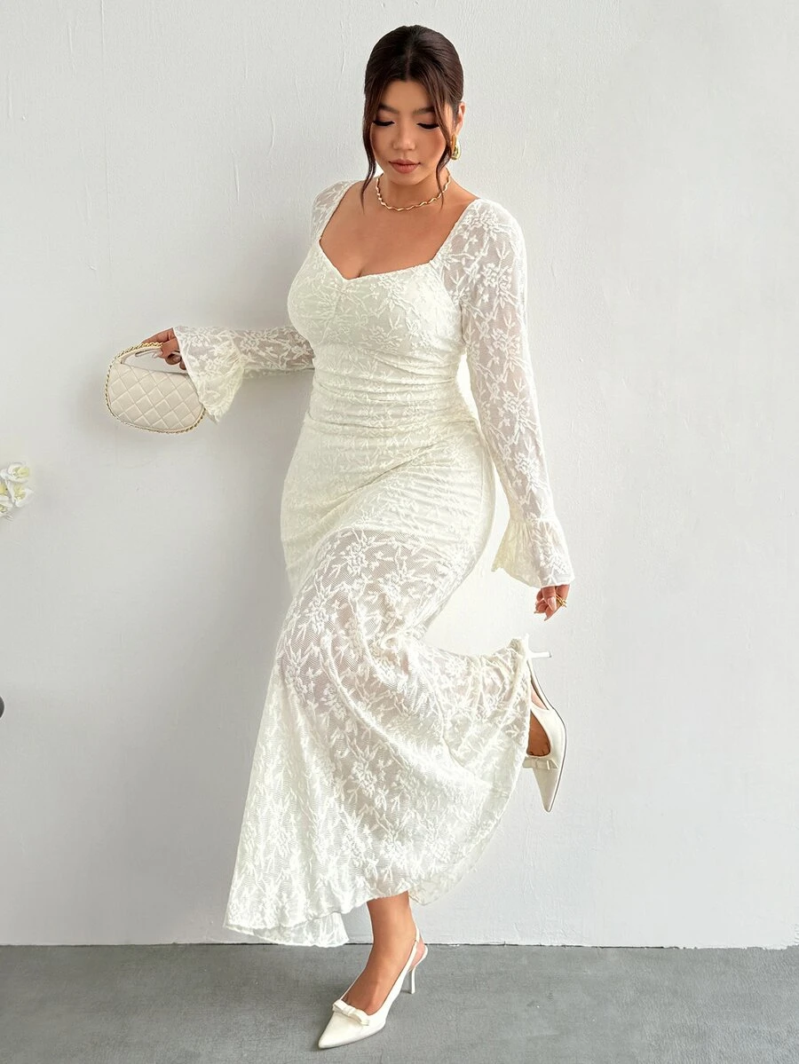 Firerie Plus Size French Style Versatile Lace Patchwork Mermaid Hem Dress Fall