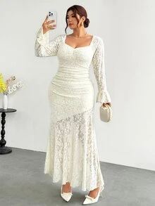 Firerie Plus Size French Style Versatile Lace Patchwork Mermaid Hem Dress Fall - Apricot - View 6
