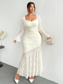 Firerie Plus Size French Style Versatile Lace Patchwork Mermaid Hem Dress Fall - Apricot - View 8
