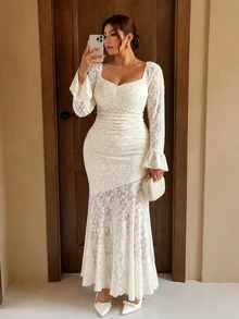 Firerie Plus Size French Style Versatile Lace Patchwork Mermaid Hem Dress Fall - Apricot - View 9