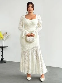 Firerie Plus Size French Style Versatile Lace Patchwork Mermaid Hem Dress Fall - Apricot - View 4