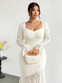 Firerie Plus Size French Style Versatile Lace Patchwork Mermaid Hem Dress Fall - Apricot - View 7