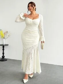 Firerie Plus Size French Style Versatile Lace Patchwork Mermaid Hem Dress Fall - Apricot - View 5