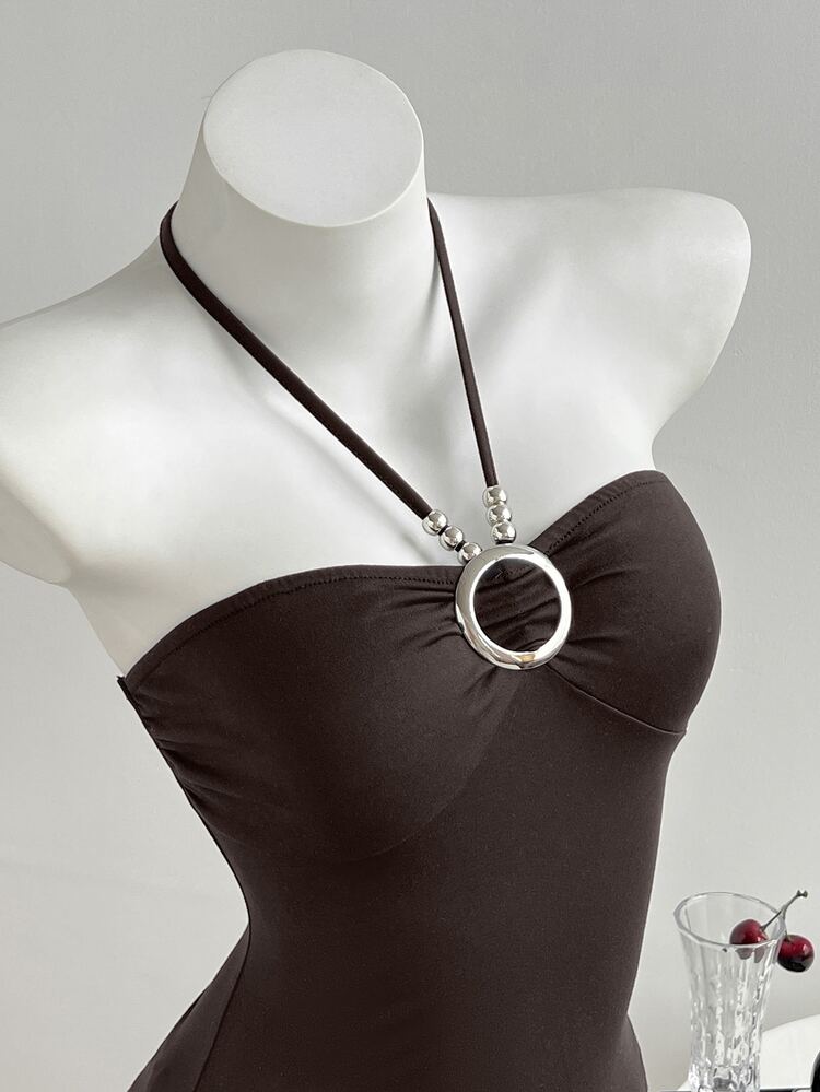 Elamini Women's Casual Daily Hollow Ring Beaded Decor Halter Tank Top - Brown - View 8