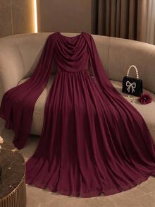 Modelyn Women's Elegant Party Solid Color Ruched Dress, Burgundy - Burgundy - View 7