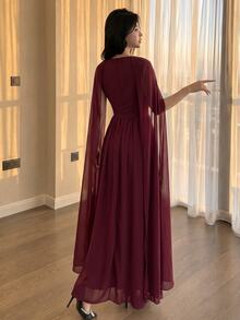 Modelyn Women's Elegant Party Solid Color Ruched Dress, Burgundy - Burgundy - View 2