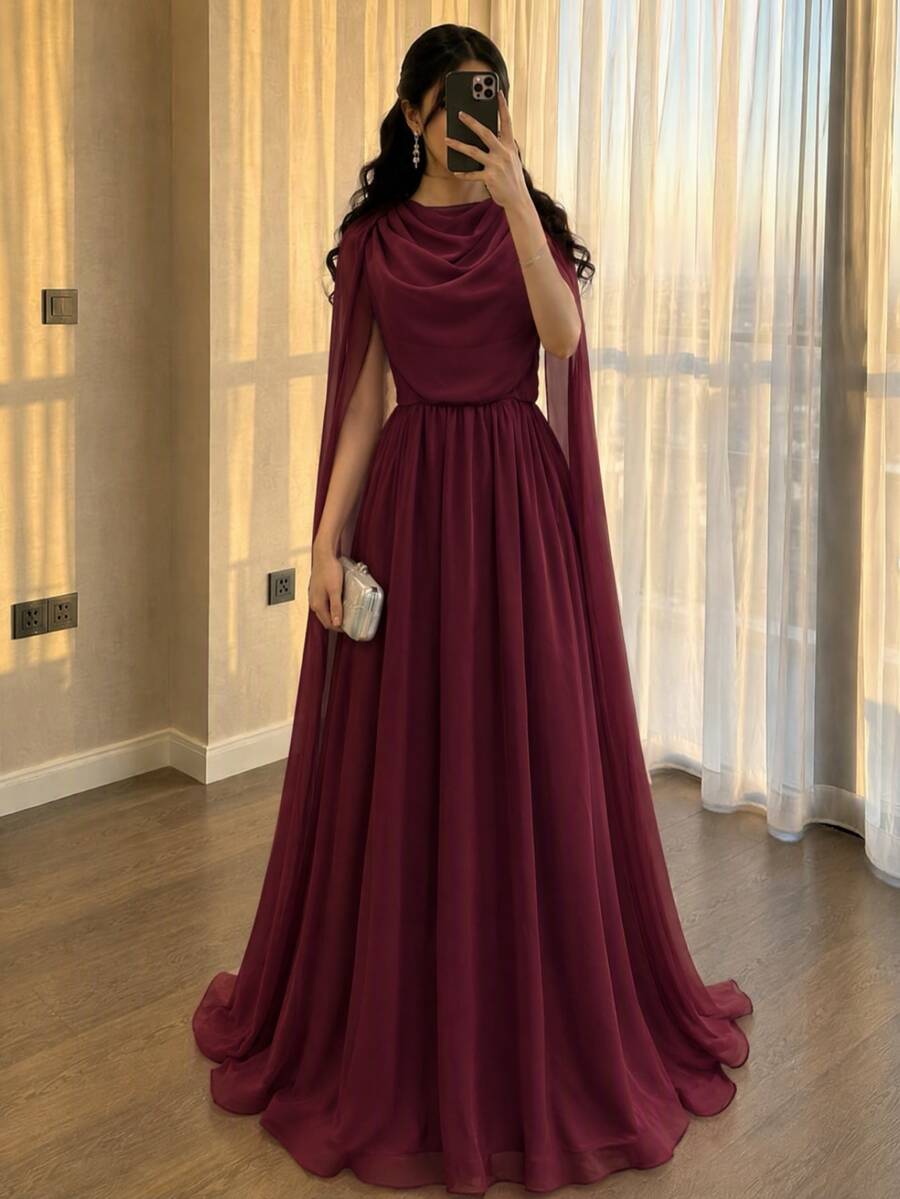 Modelyn Women's Elegant Party Solid Color Ruched Dress, Burgundy - Burgundy - View 1