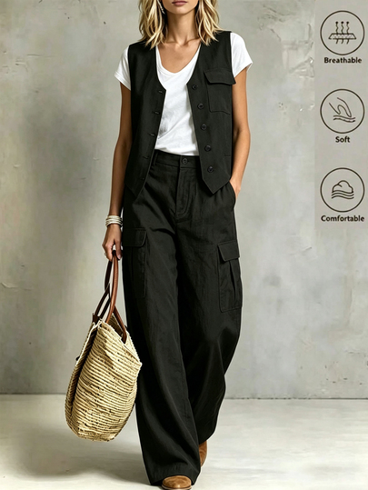SHEIN Women's Black Textured Fabric V-Neck Vest + Black Waist-Cinching Pocket Cargo Pants Basic Suit, Black Pants, Commute Outfit, Women's Summer Vacation Outfit, Outing Outfit, Office Outfit, Y2K Style