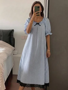 DAZY 青少年女孩蝴蝶結裝飾荷葉邊短袖居家休閒洋裝 夏季 - 藍色 - 查看 5