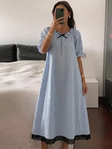 DAZY 青少年女孩蝴蝶結裝飾荷葉邊短袖居家休閒洋裝 夏季 - 藍色 - 查看 3