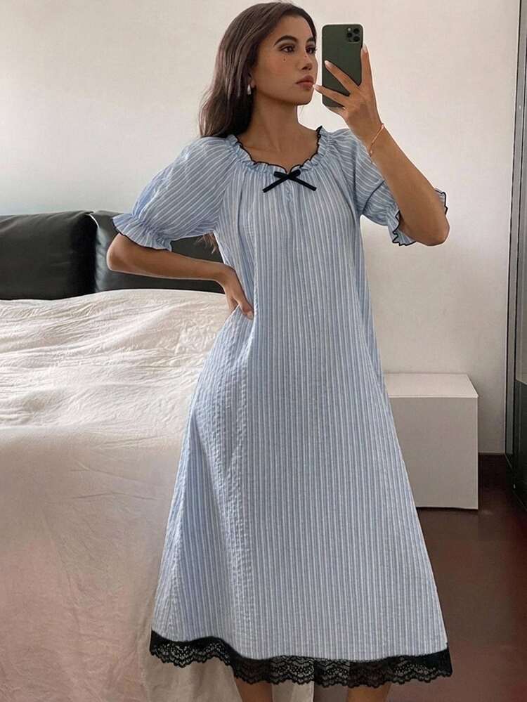 DAZY Teen Girl Bow Decor Frill Trim Short Sleeve Loungewear Dress Summer - Blue - View 4