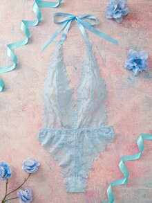 Elorette 女款蕾絲深V掛脖性感連身內衣 - 淺藍色 - 查看 1