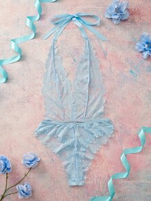 Elorette 女款蕾絲深V掛脖性感連身內衣 - 淺藍色 - 查看 2