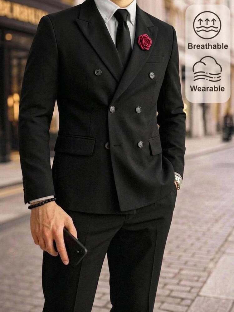 HIMLAND Men's Elegant Classy 3D Floral Decor Button Long Sleeve Jacket And Pants Suit Set Wedding Formal Black Summer - Black - View 13