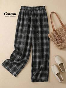 Rusticease Women's Casual Drawstring Waist Plaid Long Pants, Suitable For Autumn Women's Plaid Pants Drawstring Pants Checkered Pants - Black and White - View 3