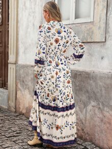 Brillora 女款V領拼接蕾絲燈籠袖A字休閒優雅豹紋度假長洋裝，秋冬鄉村風，米白色 - 彩色 - 查看 2
