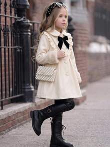 SHEIN Kids Young Girl Woven Lapel Young Girl Ruffle Contrast Color Bow Casual Autumn Overcoat - Multicolor - View 4