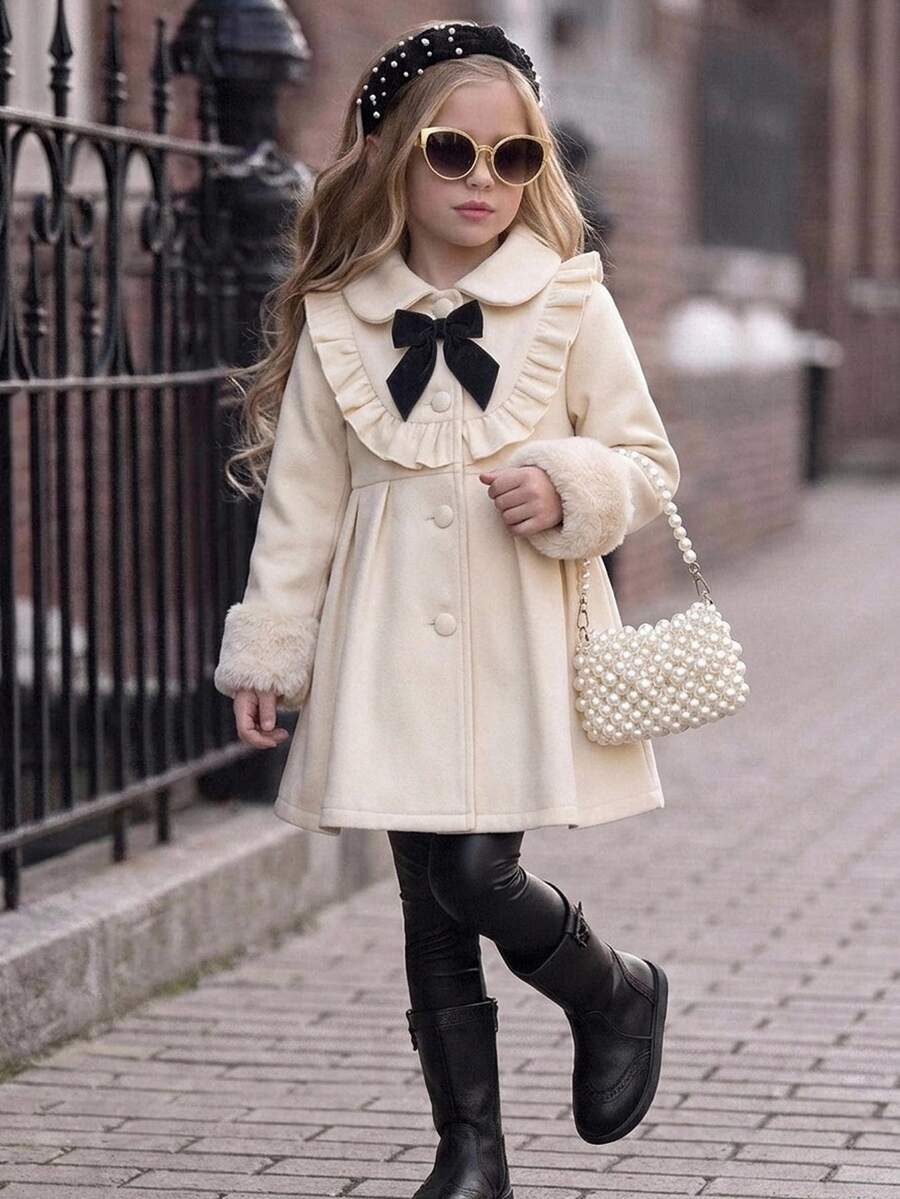 SHEIN Kids Young Girl Woven Lapel Young Girl Ruffle Contrast Color Bow Casual Autumn Overcoat - Multicolor - View 1