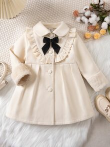 SHEIN Kids Young Girl Woven Lapel Young Girl Ruffle Contrast Color Bow Casual Autumn Overcoat - Multicolor - View 5