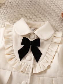 SHEIN Kids Young Girl Woven Lapel Young Girl Ruffle Contrast Color Bow Casual Autumn Overcoat - Multicolor - View 7