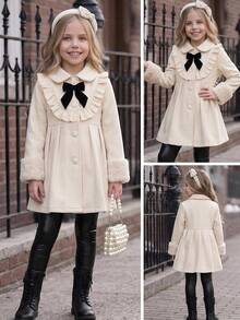 SHEIN Kids Young Girl Woven Lapel Young Girl Ruffle Contrast Color Bow Casual Autumn Overcoat - Multicolor - View 3
