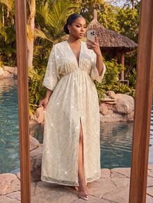 SHEIN Lady Plus Size Women's V-Neck Pleated Split Design Casual Party Dress - Apricot - View 3