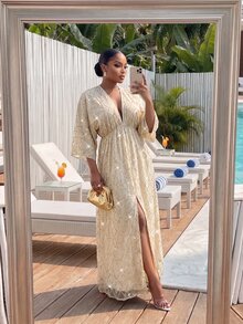 SHEIN Lady Plus Size Women's V-Neck Pleated Split Design Casual Party Dress - Apricot - View 5