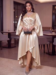 Auveirra Plus Size Elegant Solid Color Party Formal Wedding Dress Autumn Wedding Champagne - Apricot - View 7