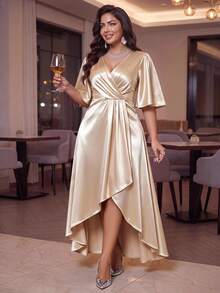 Auveirra Plus Size Elegant Solid Color Party Formal Wedding Dress Autumn Wedding Champagne - Apricot - View 5