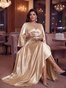 Auveirra Plus Size Elegant Solid Color Party Formal Wedding Dress Autumn Wedding Champagne - Apricot - View 1