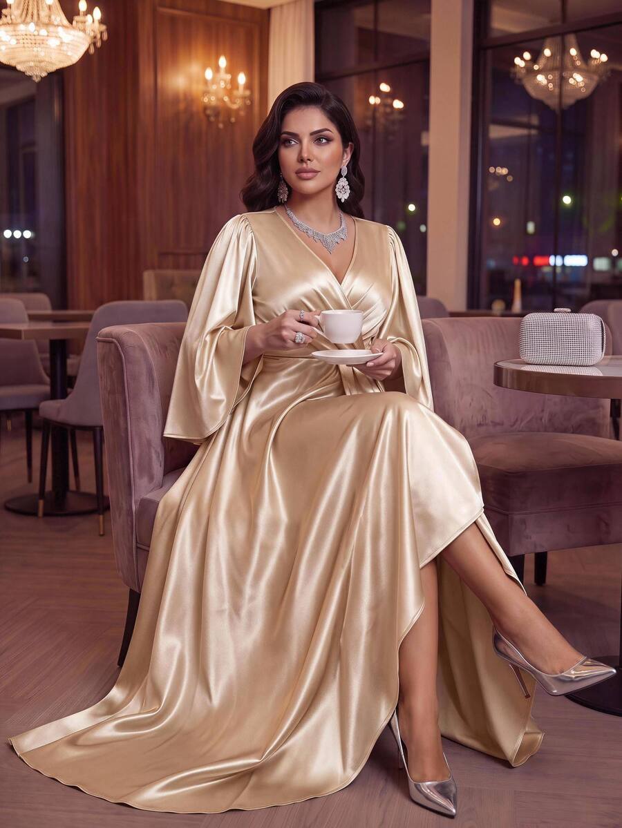 Auveirra Plus Size Elegant Solid Color Party Formal Wedding Dress Autumn Wedding Champagne - Apricot - View 1