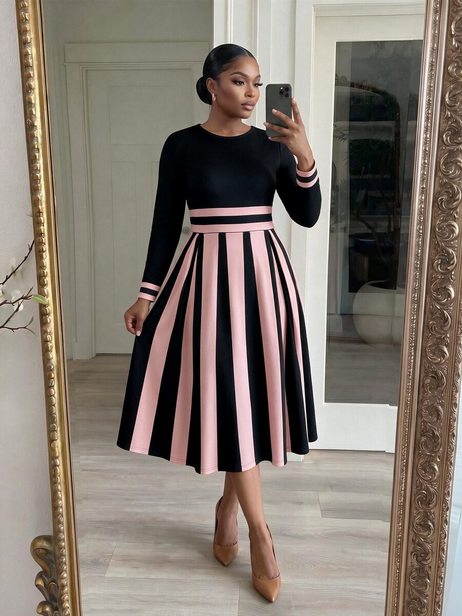 SHEIN Lady CURVE Gaun Elegan Bergaris Patchwork Lengan Panjang Leher Bulat untuk Wanita Ukuran Plus - MultiWarna - View 1