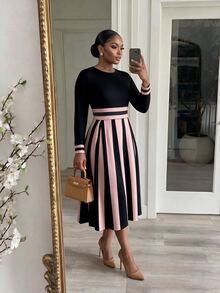 SHEIN Lady CURVE Gaun Elegan Bergaris Patchwork Lengan Panjang Leher Bulat untuk Wanita Ukuran Plus - MultiWarna - View 3