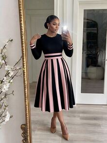 SHEIN Lady CURVE Gaun Elegan Bergaris Patchwork Lengan Panjang Leher Bulat untuk Wanita Ukuran Plus - MultiWarna - View 6