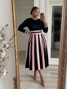 SHEIN Lady CURVE Gaun Elegan Bergaris Patchwork Lengan Panjang Leher Bulat untuk Wanita Ukuran Plus - MultiWarna - View 5
