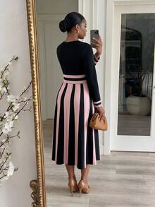 SHEIN Lady CURVE Gaun Elegan Bergaris Patchwork Lengan Panjang Leher Bulat untuk Wanita Ukuran Plus - MultiWarna - View 2